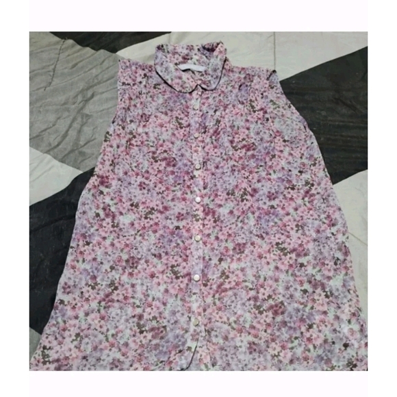 Red Herring Tops - Sheer Floral Button Down Sleeveless Shirt - Pink and Purple